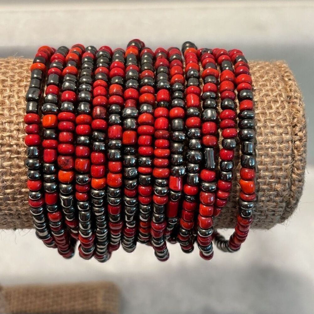 Vtg Anthropologie Multi-strand Chunky Wood Buckle Hematite Seed Beads Bracelet R